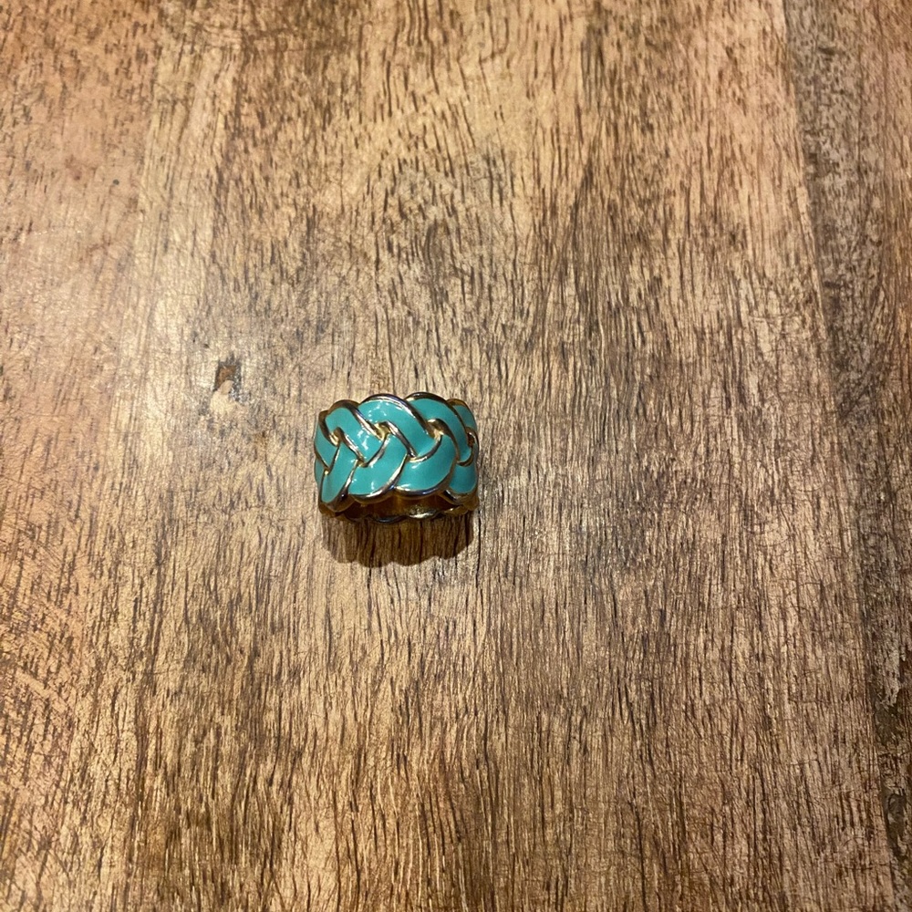 Aqua Deco Eternity Ring Appx Size 5 Band Enamel Nautical Weave Rope Gold Tone